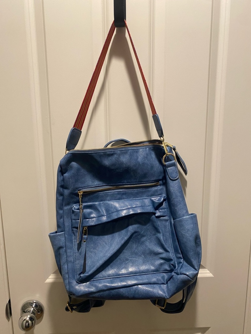 NWOT Blue Faux-Leather Convertible Backpack with Multicolored Strap